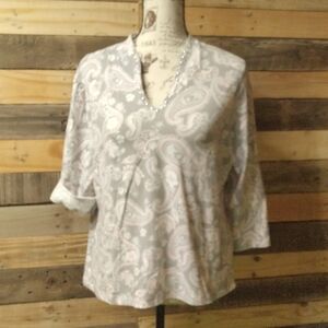 Size Large , Hearts of Palm pink and gray paisley 3/4 sleeve tunic top